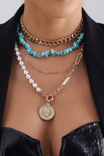 four pcs stylish imitation pearl turquoise beading alloy pendant necklace set