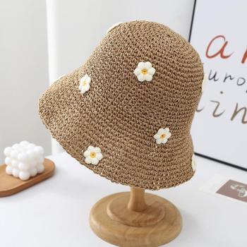 one pc stylish new flower decor beach straw bucket hat#2 54-58cm
