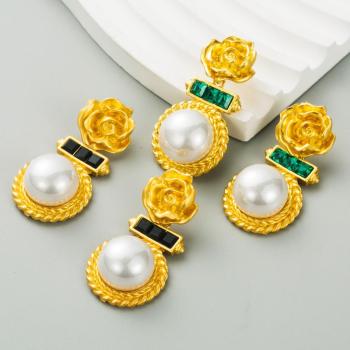 one pair new stylish vintage rhinestone pearl alloy earrings(length:4.6cm)