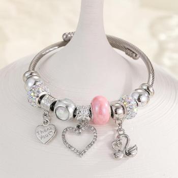 one pc rhinestone swan heart pendant stainless steel bracelet