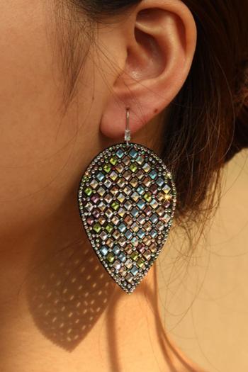 one pair new stylish leaf shape rhinestone decor earrings(length:7.2cm)