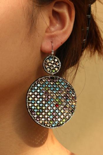 one pair new stylish round shape rhinestone decor earrings(length:8.9cm)