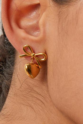 one pair new stylish plated stainless steel bow heart-shaped earrings