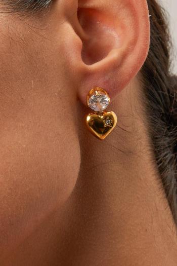 one pair new gold stainless plated steel glossy rhinestone heart-shaped earrings