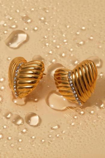 one pair gold new stainless plated steel ribbed heart with rhinestone earrings