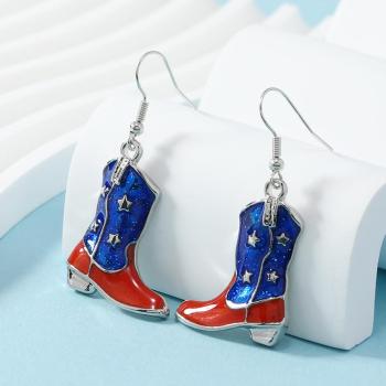 one pair american flag printing rhinestones boots shape pendant alloy earrings