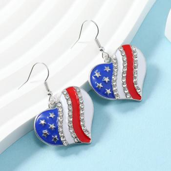 one pair american flag printing rhinestones heart shape pendant alloy earrings