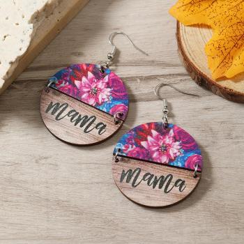 one pair round flowers print pendant wooden earrings