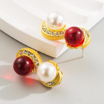 one pair new stylish s-shaped pearl rhinestone alloy earrings(length:2.7cm)