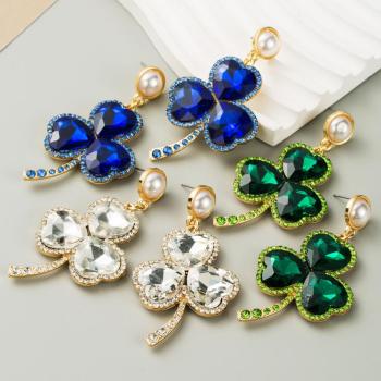 one pc new stylish heart clover rhinestone pearl alloy earrings(length:7cm)