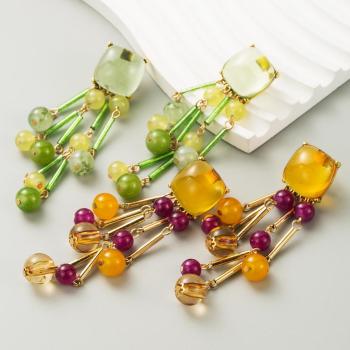one pair stylish handmade beaded transparent resin tassel earrings(length:8.8cm)