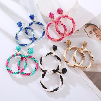 one pair new stylish raffia entwined circle alloy earrings(length:7cm)