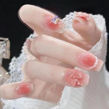 24 pcs gradient pearl bow fake nails x3 boxes(with 3 pcs tapes)