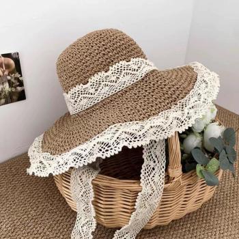 one pc stylish new lace trim decor beach straw hat 56-58cm