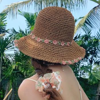one pc stylish new flower embroidery decor beach straw hat 56-58cm