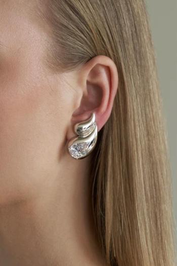one pair new rhinestone decor stainless steel water drop earrings#2