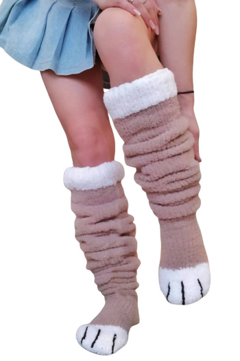 one pair new stylish contrast color warm cat claw calf socks