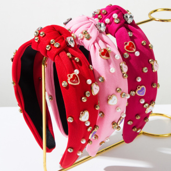 one pc new valentine's day plated alloy heart drop oil & pearls fabric hair hoop (width:13.5 cm)