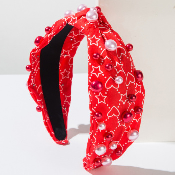 one pc stylish valentine's day letters printing handmade pearls fabric hair hoop (width:13 cm)