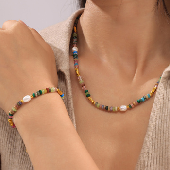 two pcs sets stylish pearl & natural stone plated adjustable necklace bracelet