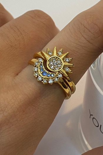two pcs sets stylish rhinestones geometric titanium steel plated rings