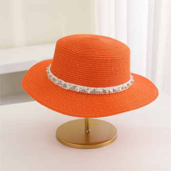 one pc new stylish 10 colors pearl rhinestone decor beach straw hat 56-58cm