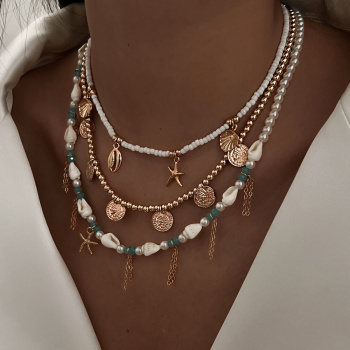 three pcs sets stylish faux pearl & conchs adjustable beaded necklace (mixed length)