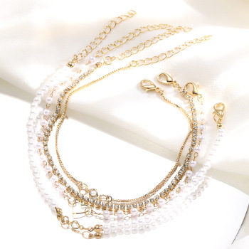 four pcs sets minimalist style beach faux pearl & zircon anklet (mixed length)