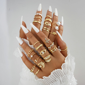 twenty-three pcs sets rhinestone & pearl embellishment metal rings (mixed sizes)