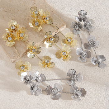 one pair new stylish rhinestone decor alloy flower long earrings