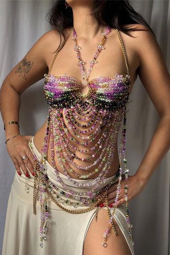 New metal chain halter neck multi-layer colorful beads all-match body chain set