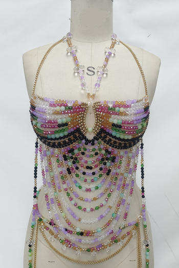 New metal chain halter neck multi-layer colorful beads all-match body chain set