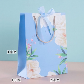 Fifty pcs new vertical section blue dai peony ribbon two-color bow birthday or companion wedding art post paperboard gift bag (size:32cm×25cm×10cm) 