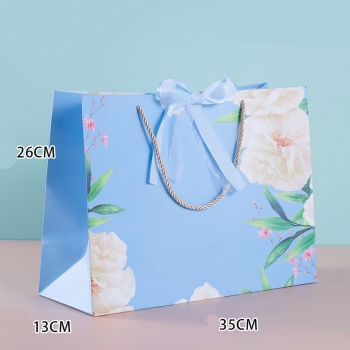 fifty pcs new horizontal section blue dai peony ribbon two-color bow birthday or companion wedding art post paperboard gift bag (size:35cm×26cm×13cm)