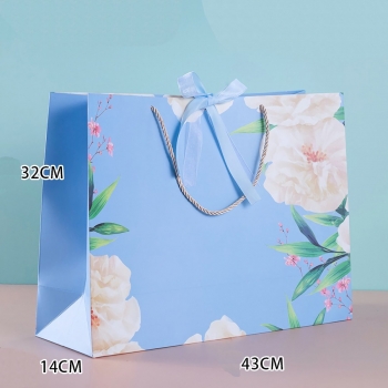 Fifty pcs new horizontal section blue dai peony ribbon two-color bow birthday or companion wedding art post paperboard gift bag (size:43cm×32cm×14cm) 