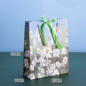 fifty pcs new satin vertical section oil painting style summer daisies art post paperboard sub-membrane gift bag (size:32cm×25m×10cm)