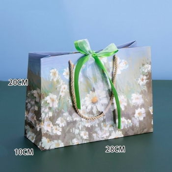 fifty pcs new satin horizontal section oil painting style summer daisies art post paperboard sub-membrane gift bag (size:28cm×20m×10cm)