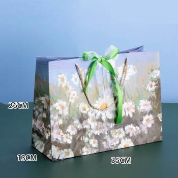 fifty pcs new satin horizontal section oil painting style summer daisies art post paperboard sub-membrane gift bag (size:35cm×26m×13cm)