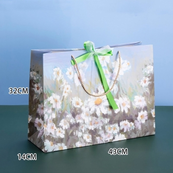 fifty pcs new satin horizontal section oil painting style summer daisies art post paperboard sub-membrane gift bag (size:43cm×32m×14cm)