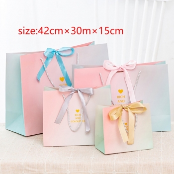 fifty pcs new gradient art post paperboard letter printing gold bowknot decor wedding gift bag (size:42cm×30m×15cm)