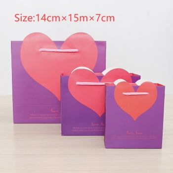 fifty pcs new purple color art post paperboard fashion heart shape wedding wrapping cosmetics shopping gift bag (size:14cm×15m×7cm)