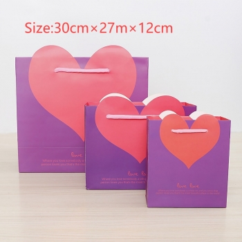 fifty pcs new purple color art post paperboard fashion heart shape wedding wrapping cosmetics shopping gift bag (size:30cm×27m×12cm)