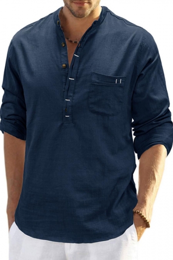 casual plus size non-stretch solid button pocket long sleeve men's linen shirt