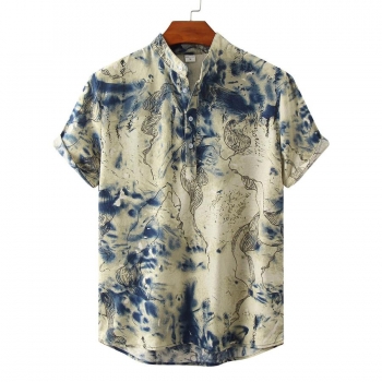 casual plus size non-stretch tie dye printing button short sleeve men shirt