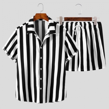 casual plus size non-stretch single-breasted striped print men's shorts sets