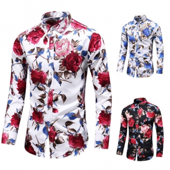 casual plus size non-stretch flower print button long sleeve men's shirt size run small