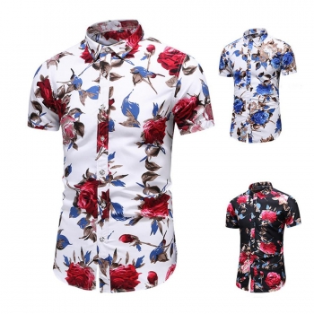 casual plus size m-7xl non-stretch flower print button short sleeve men's shirt size run small