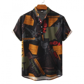 casual plus size non-stretch multicolor letter printing short sleeve men shirts