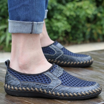casual 4-colors crocodile pattern breathable low top mesh men's loafers