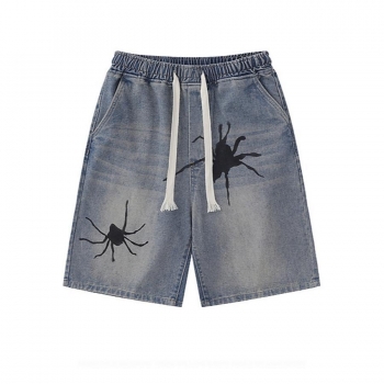 casual plus size non-stretch spider print men denim shorts size run small